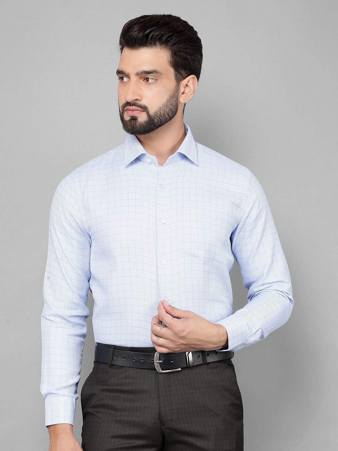 

COBB Men Grid Tattersall Checks Opaque Checked Formal Shirt, Blue