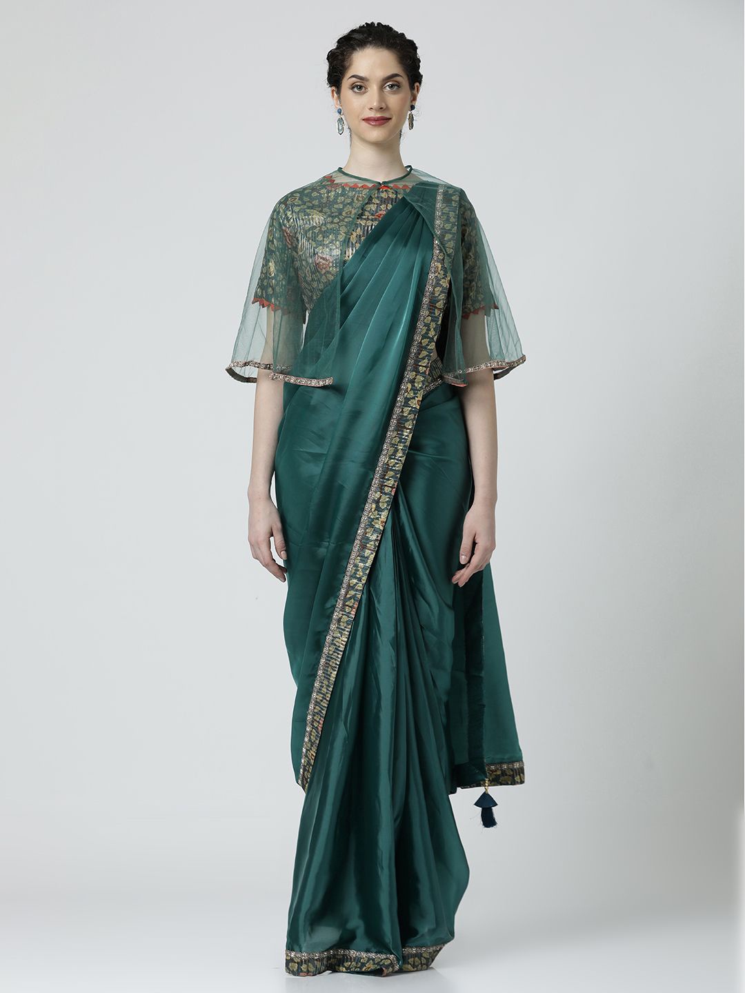 

Jaipur Kurti Embroidered Satin Saree, Green