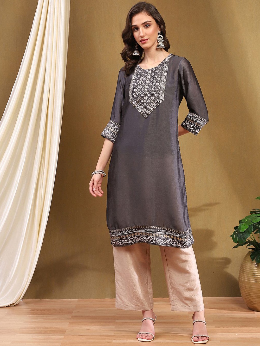 

Biba Geometric Yoke Design Thread Work Silk Straight Kurta With Camisole, Grey