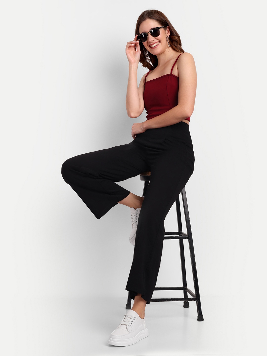 

BROADSTAR Women Smart Loose Fit High-Rise Easy Wash Trousers, Black