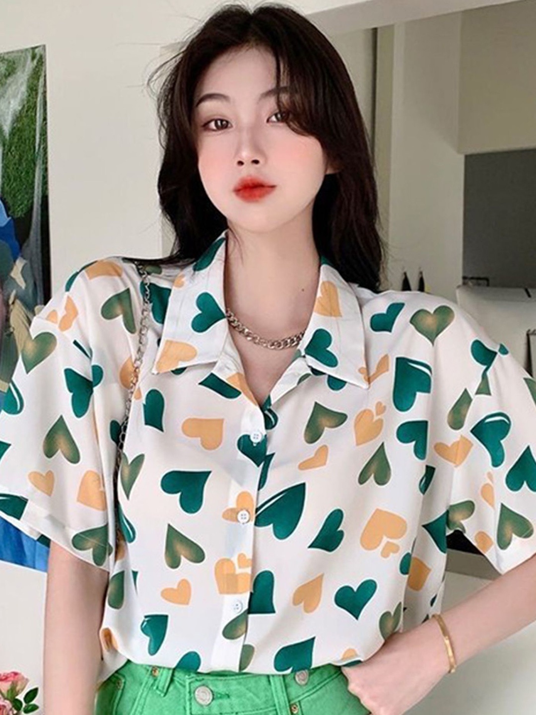 

LULU & SKY Geometric Print Shirt Style Top, Green