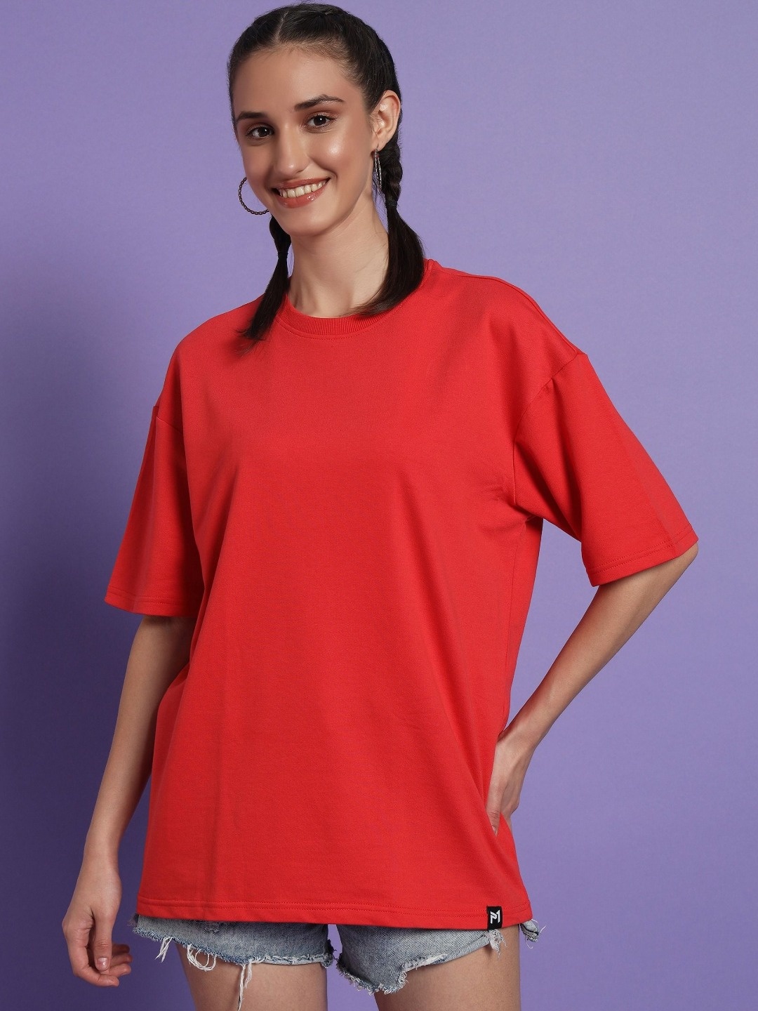 

PockMAN Women Bio Finish Solid Round Neck Pure Cotton Oversized T-shirt, Red