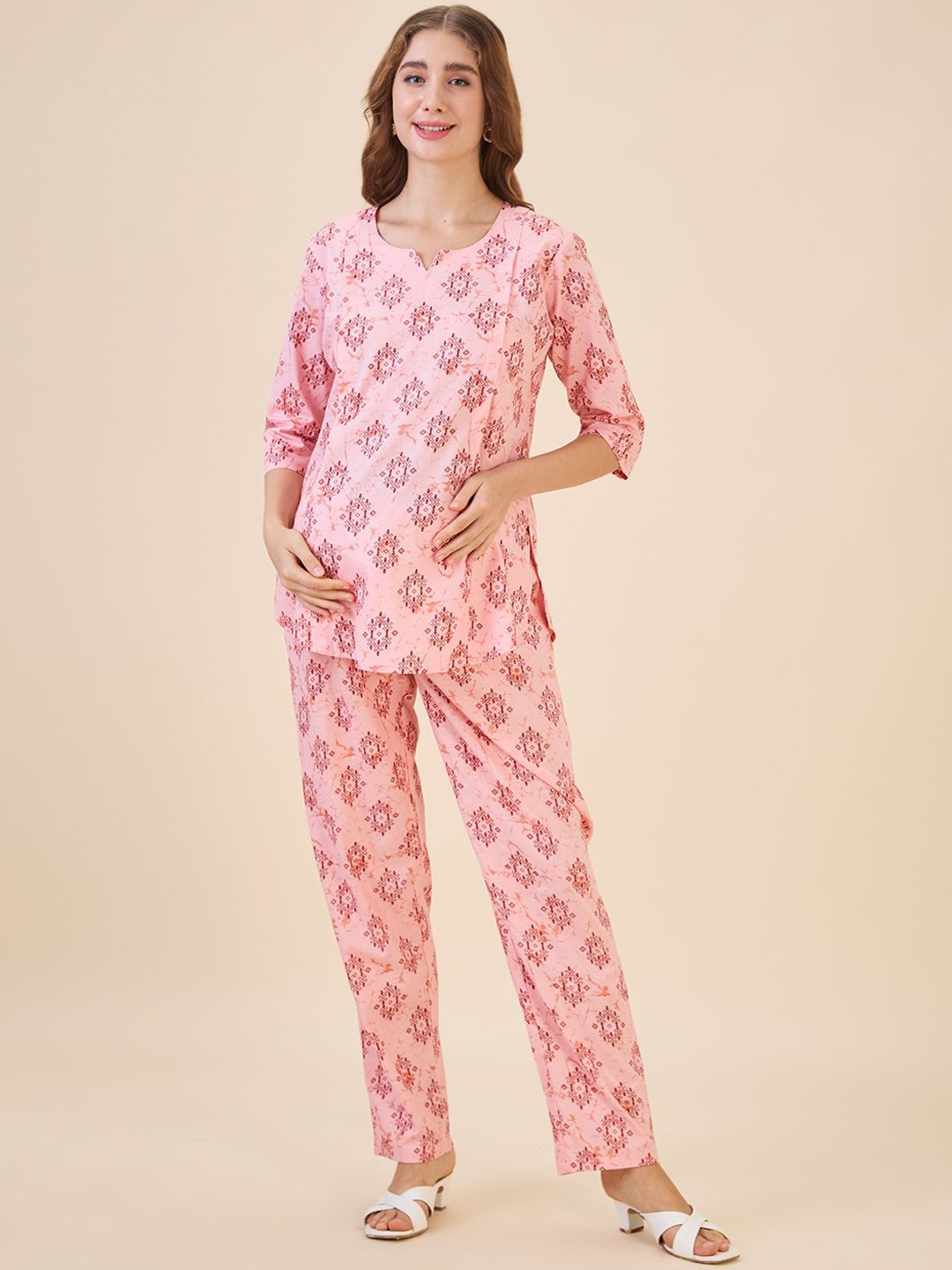 

AV2 Printed Pure Cotton Maternity Tunic With Trouser, Pink