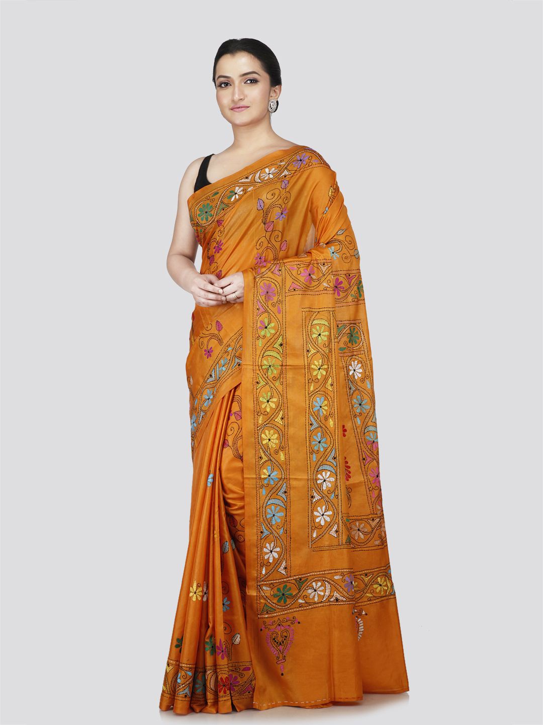 

PinkLoom Floral Kantha Work Pure Silk Saree, Yellow