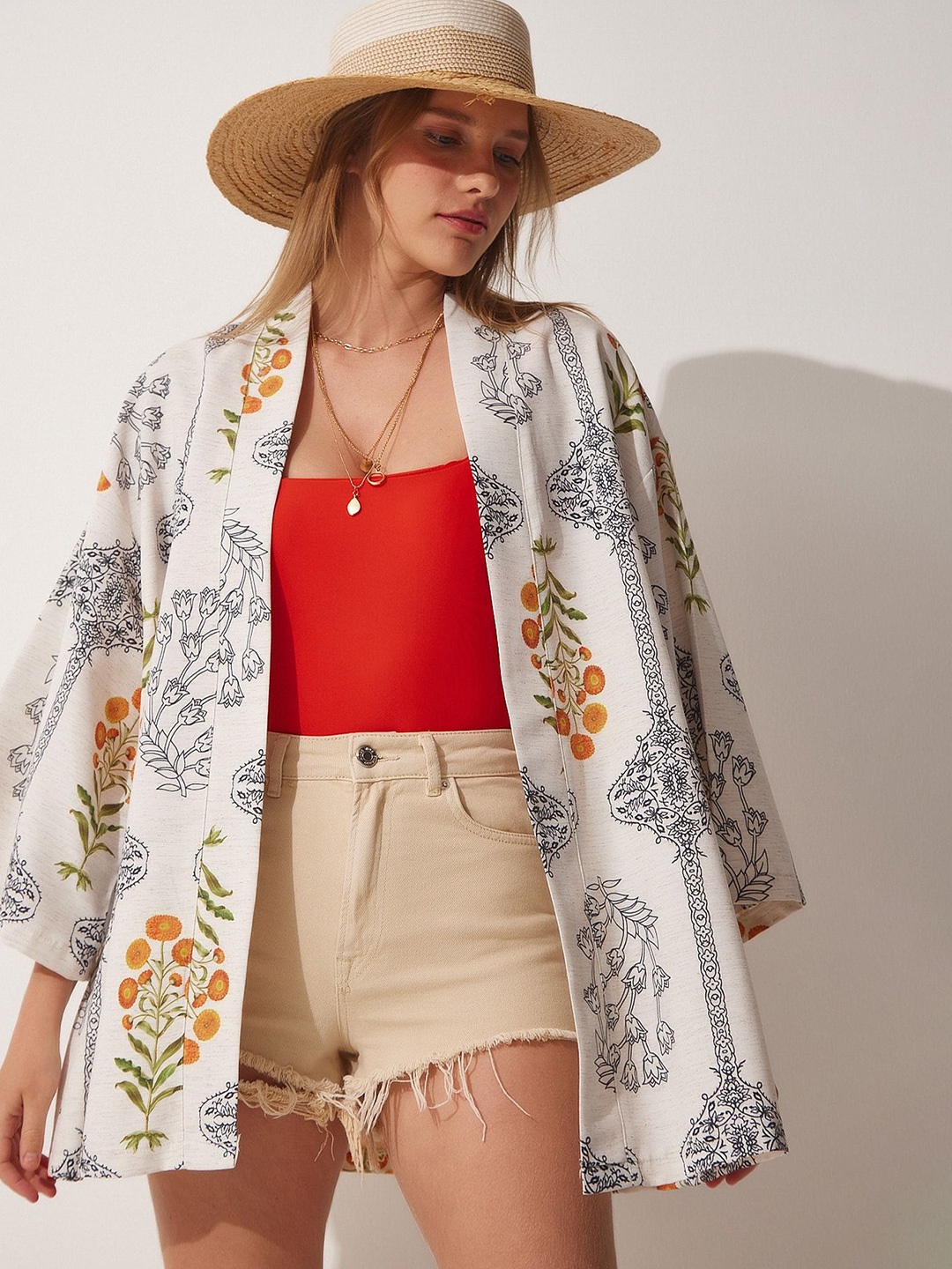 

Happiness istanbul Printed Pure Cotton Open Front Shrug, White