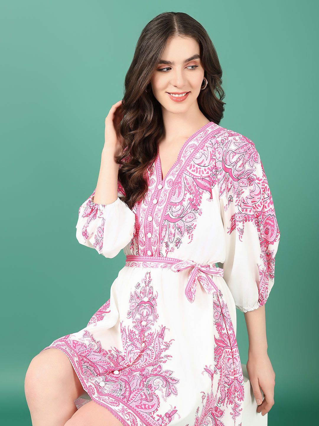 

SHOWOFF Ethnic Motifs Print Puff Sleeve Chiffon Fit & Flare Mini Dress, Pink