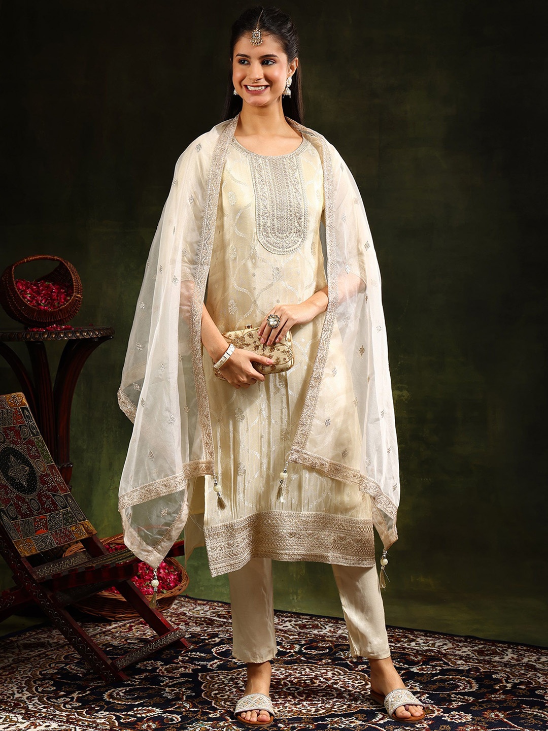 

Berrylicious Ethnic Motifs Embroidered Pure Silk Straight Kurta With Trousers & Dupatta, Cream