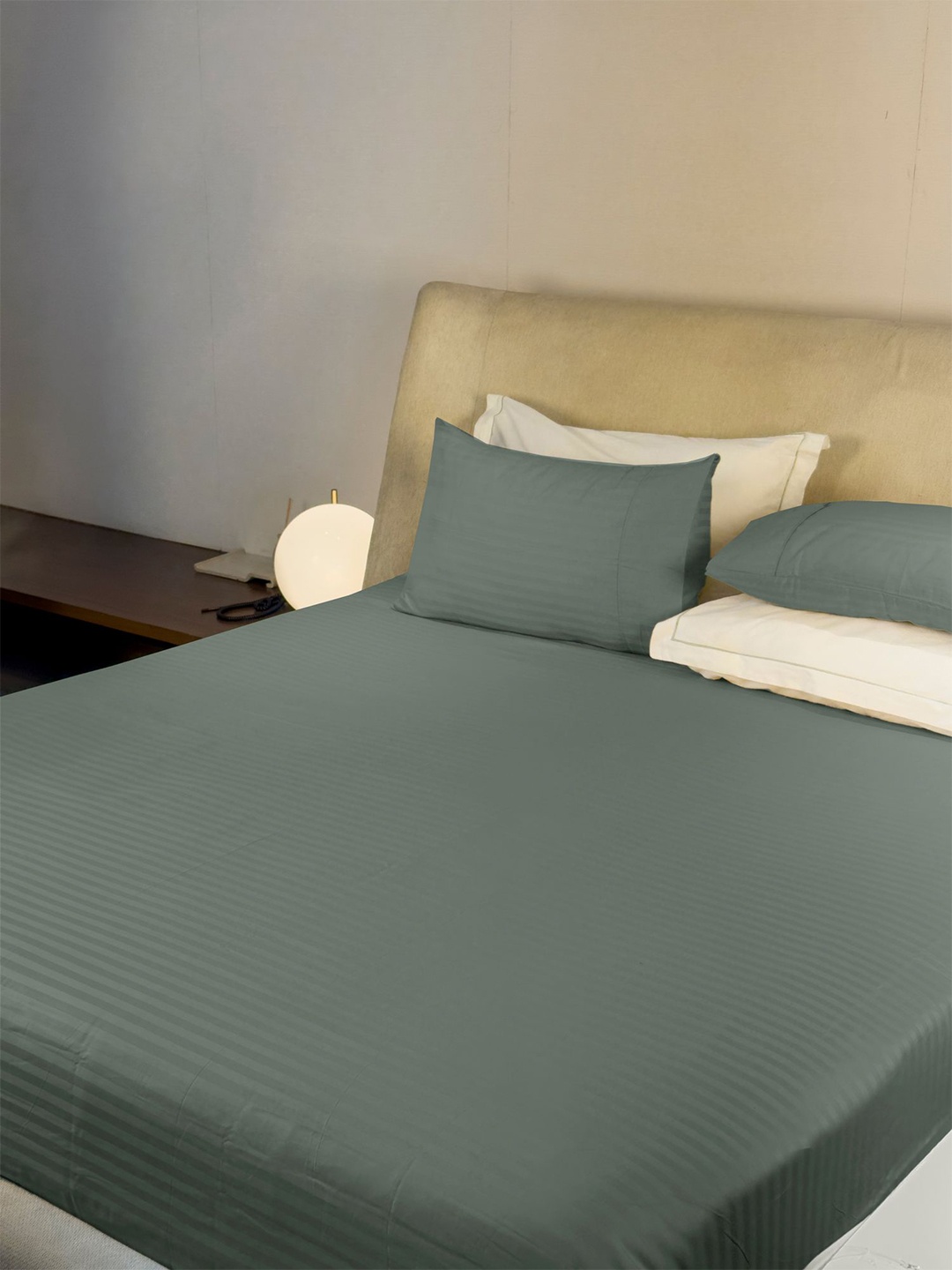 

LABHAM Green Striped Cotton 210 TC King Bedsheet With 2 Pillow Covers
