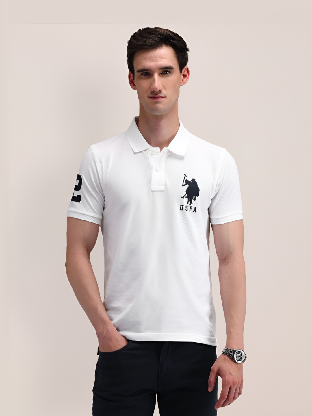 

U.S. Polo Assn. Men Brand Logo Printed Polo Collar Cotton T-shirt, White