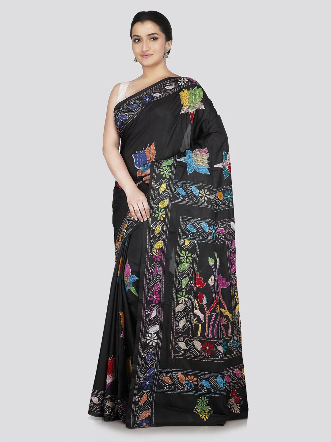 

PinkLoom Floral Kantha Work Pure Silk Saree, Black