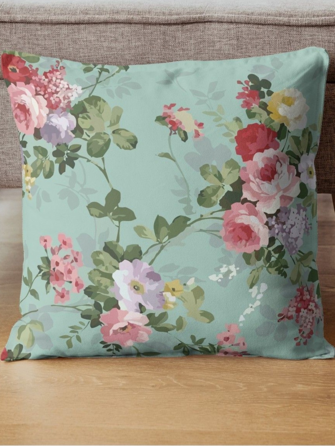 

THEYAYACAFE Green & Purple Floral Printed Velvet Square Cushion Cover