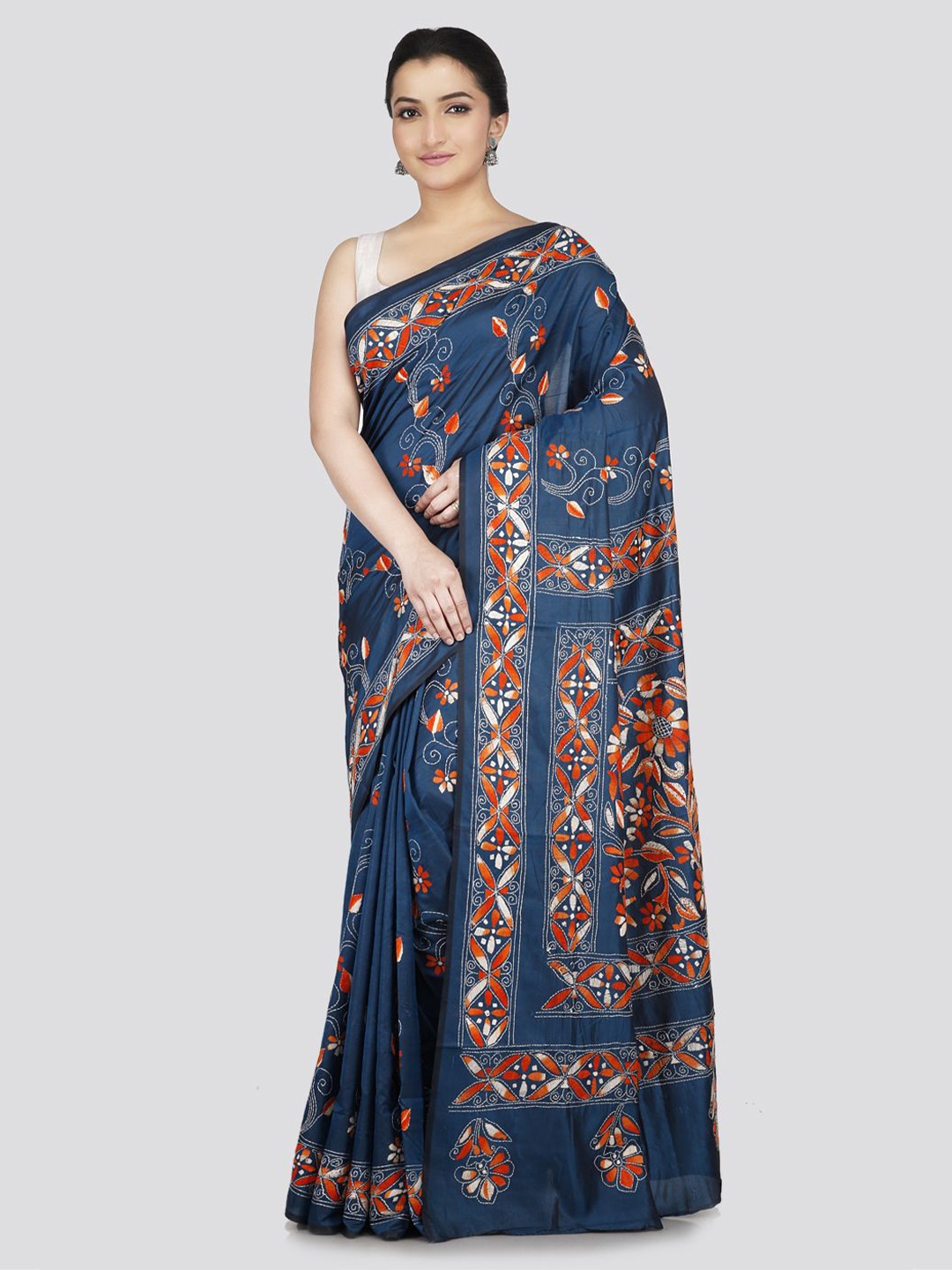 

PinkLoom Ethnic Motifs Kantha Work Pure Silk Heavy Work Saree, Blue