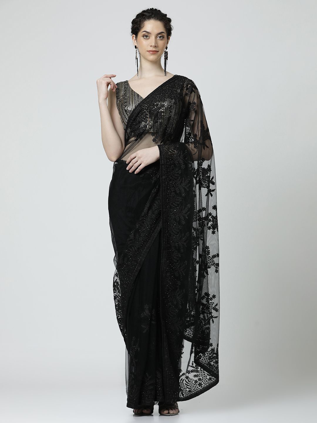 

Jaipur Kurti Kalamkari Beads and Stones Net Saree, Black