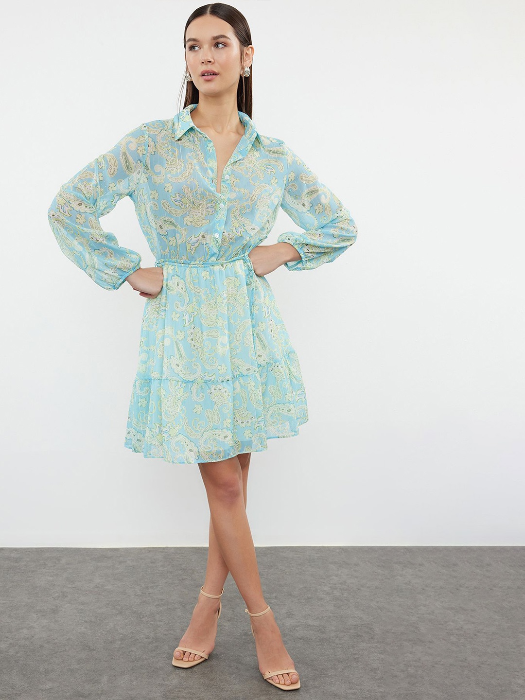 

Trendyol Floral Print shirt collar Puff Sleeves Shirt Dress, Blue
