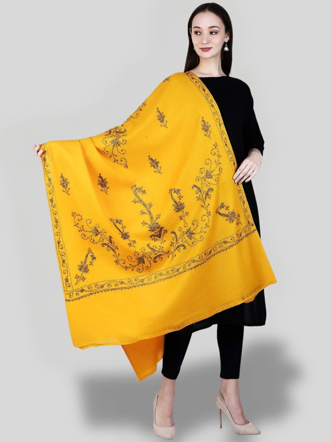 

SWI Stylish Floral Embroidered Pure Woollen Shawl, Yellow