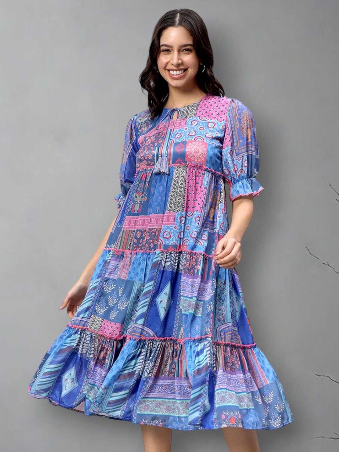 

Growish Ethinic Motif Printed Chiffon A-Line Midi Dress, Blue