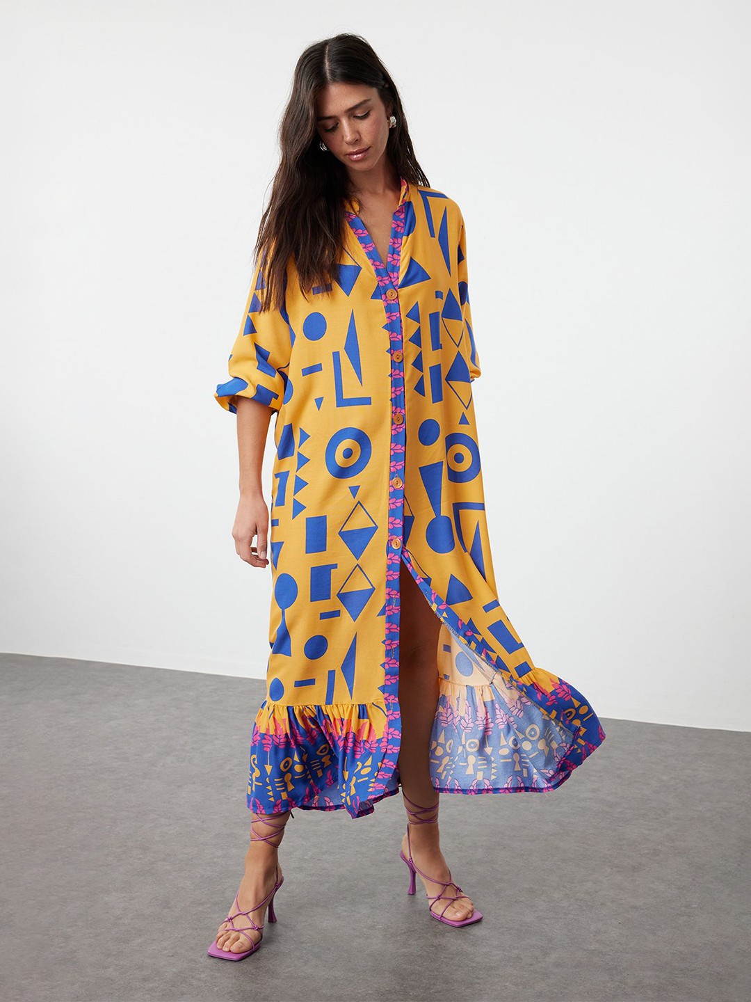 

Trendyol Printed Bell Sleeve A-Line Maxi Dress, Yellow