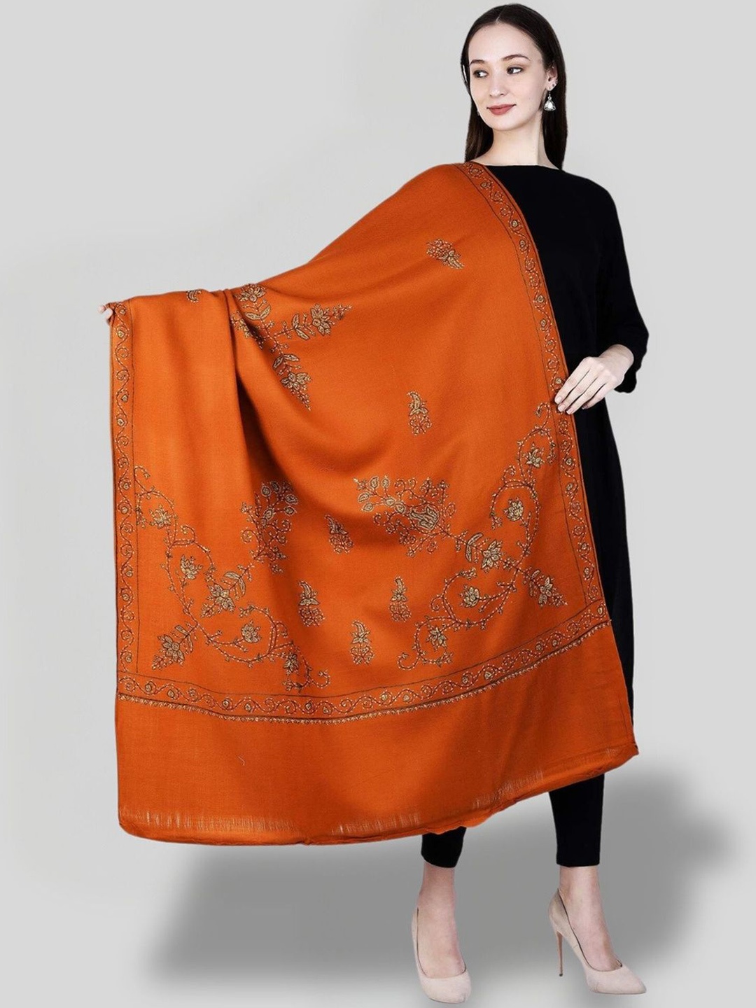 

SWI Stylish Floral Embroidered Pure Woollen Shawl, Rust