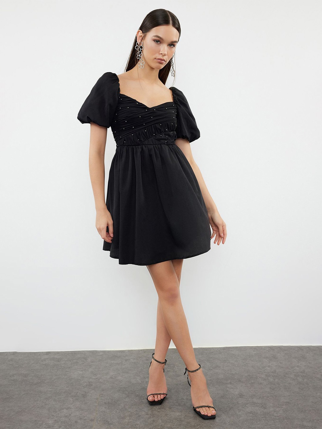 

Trendyol Solid Embellished Puff Sleeves Fit & Flare Dress, Na