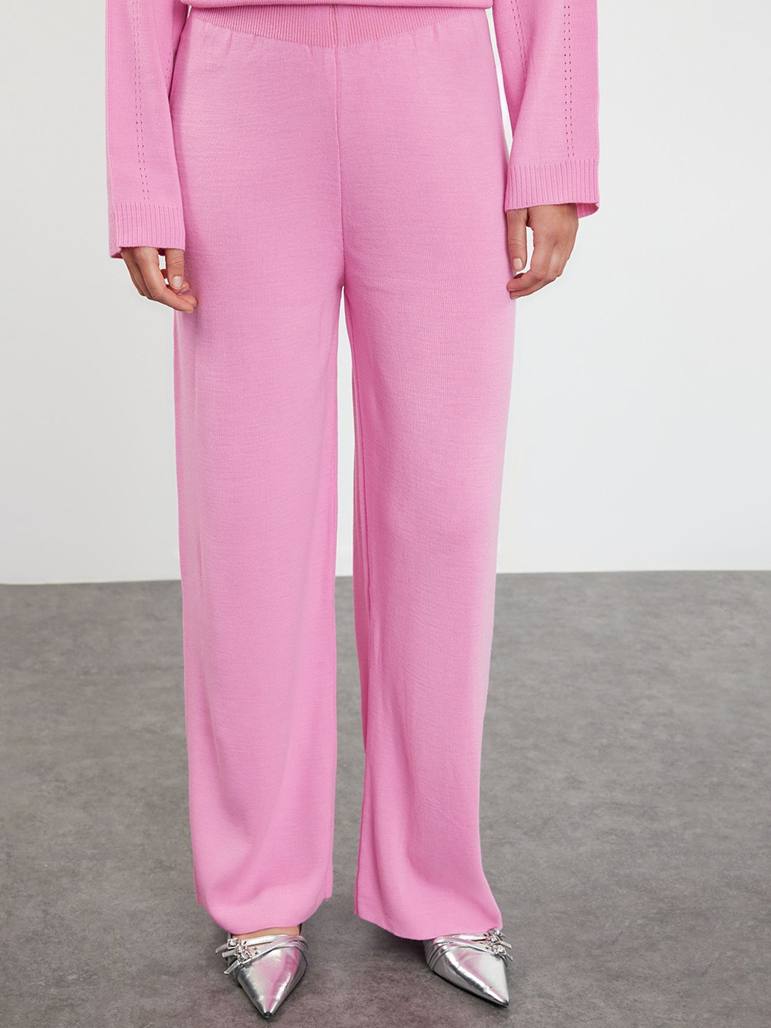 

Trendyol Shirt Collar Acrylic Top With Trousers, Pink