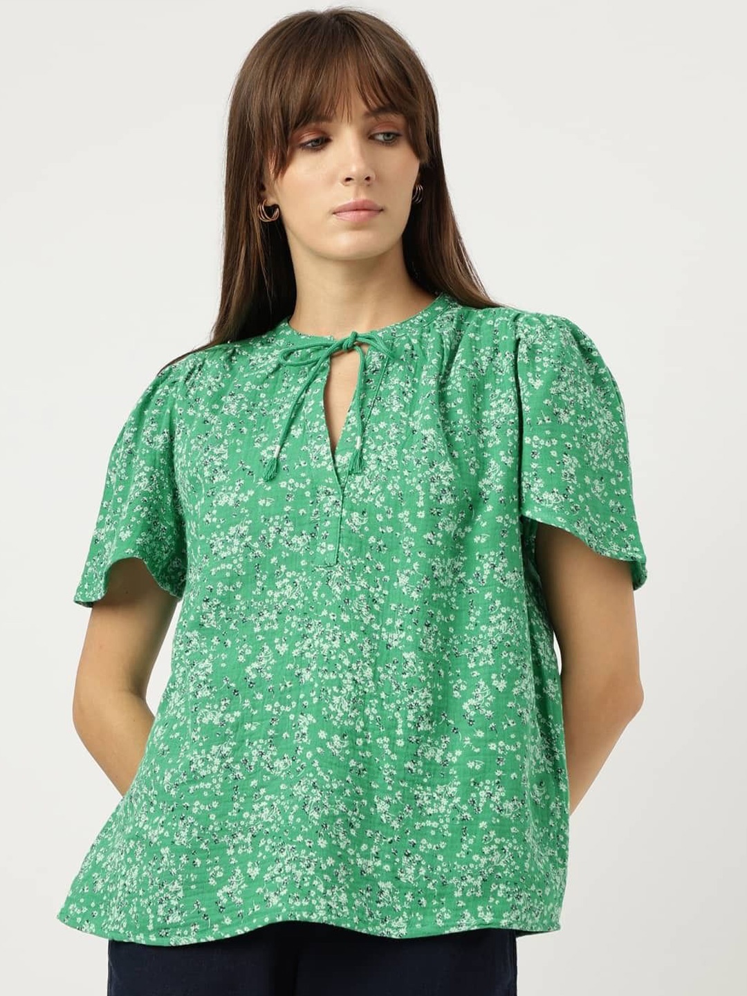 

Marks & Spencer Floral Print Keyhole Neck Cotton Top, Green