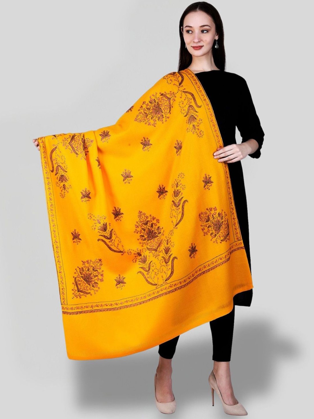 

SWI Stylish Floral Embroidered Pure Woollen Shawl, Yellow