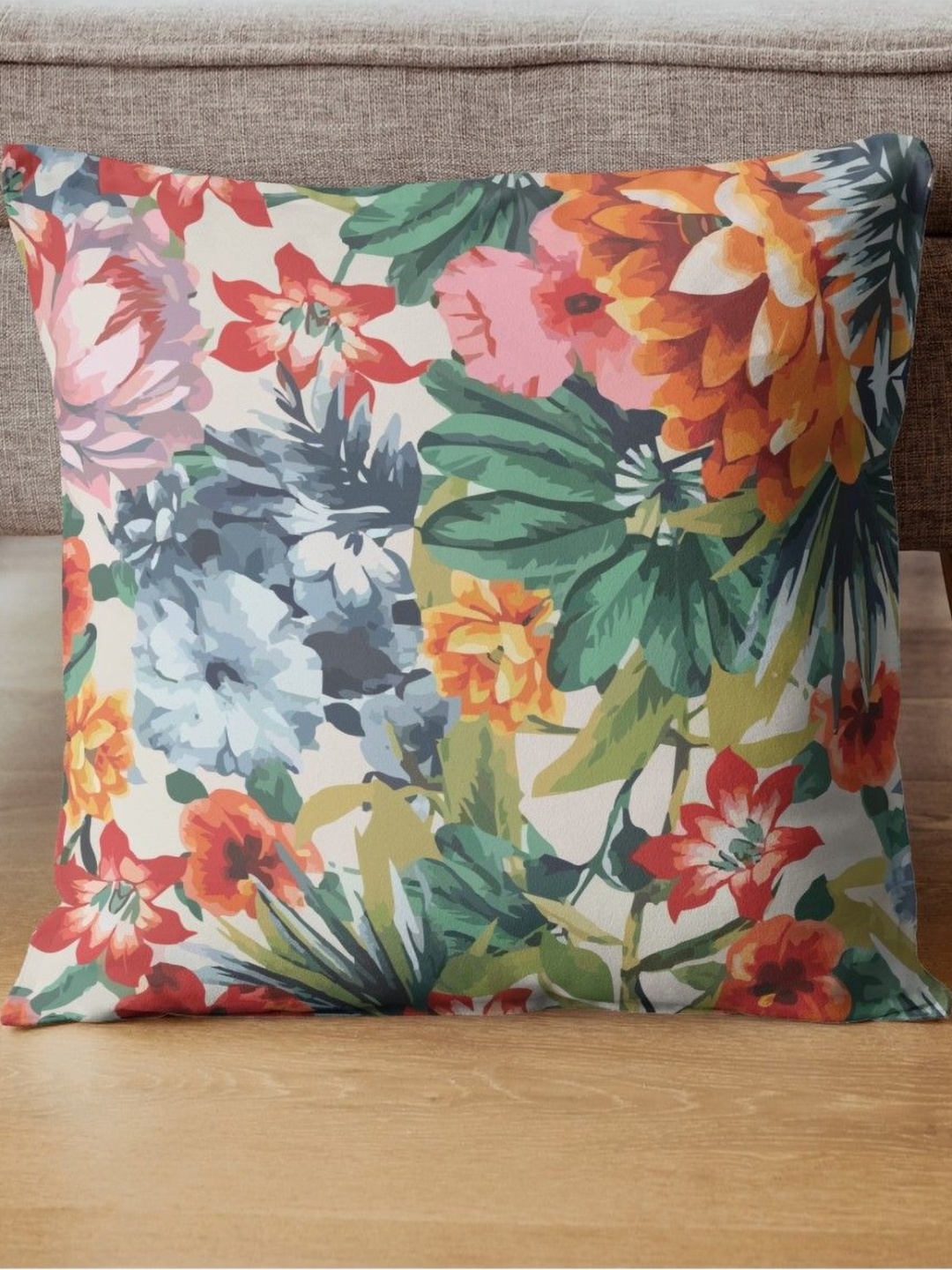 

THEYAYACAFE Green & White Floral Printed Velvet Square Cushion Cover