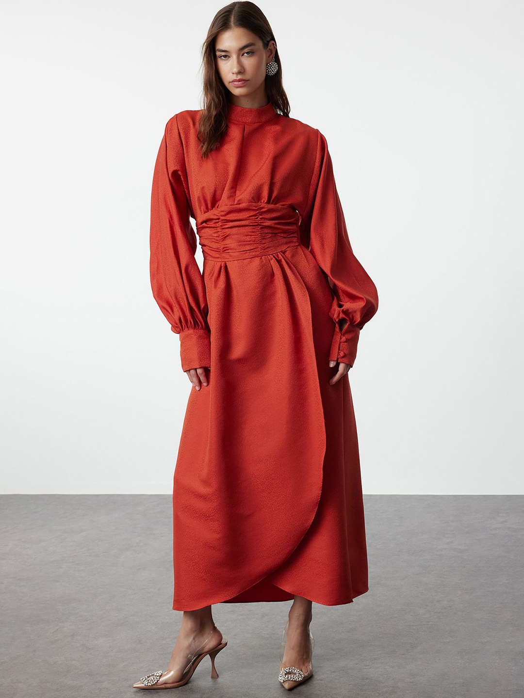 

Trendyol Puff Sleeve Maxi Mock Neck Dress, Burgundy