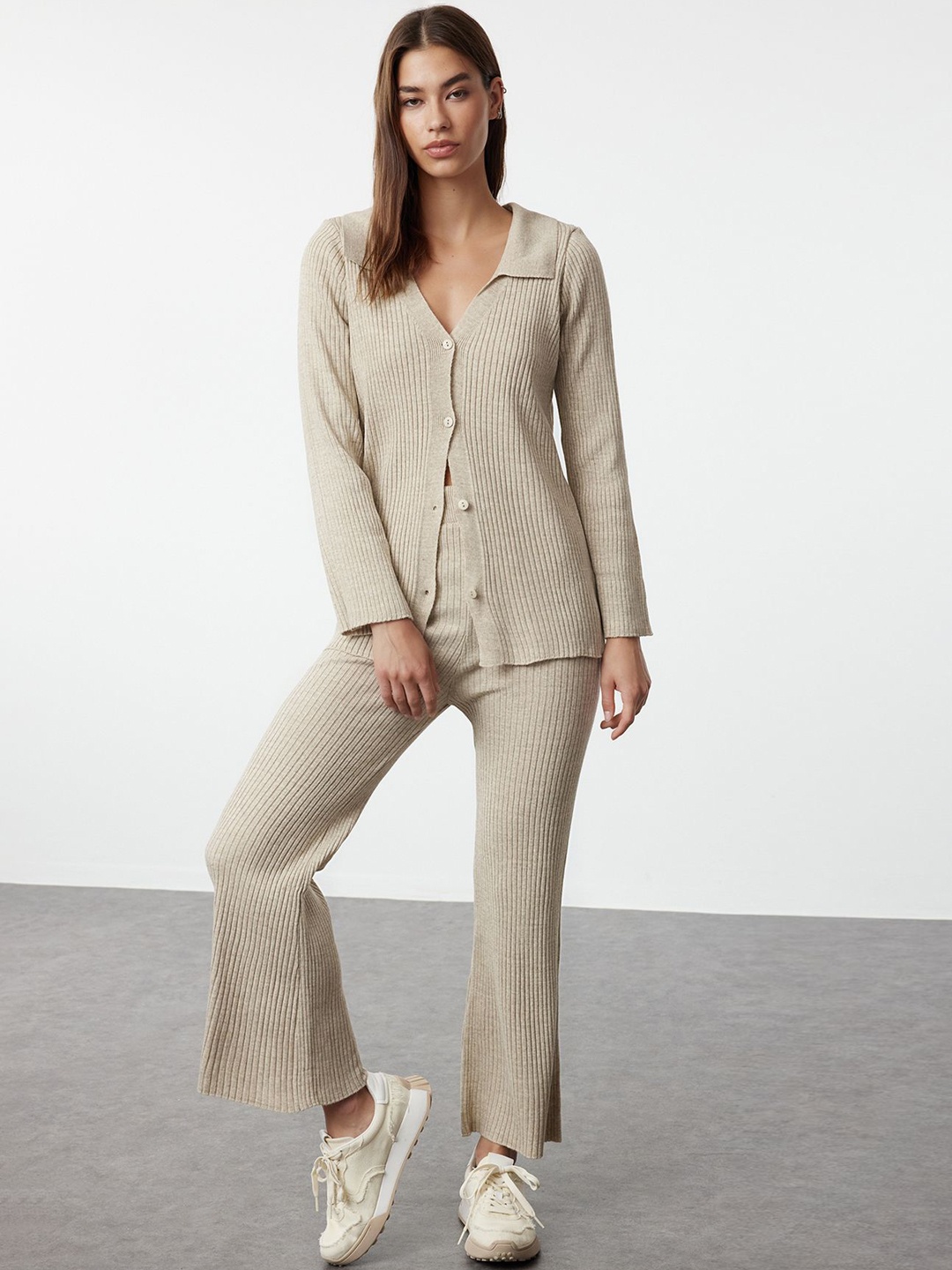 

Trendyol Shirt Collar Acrylic Top With Trouser, Beige