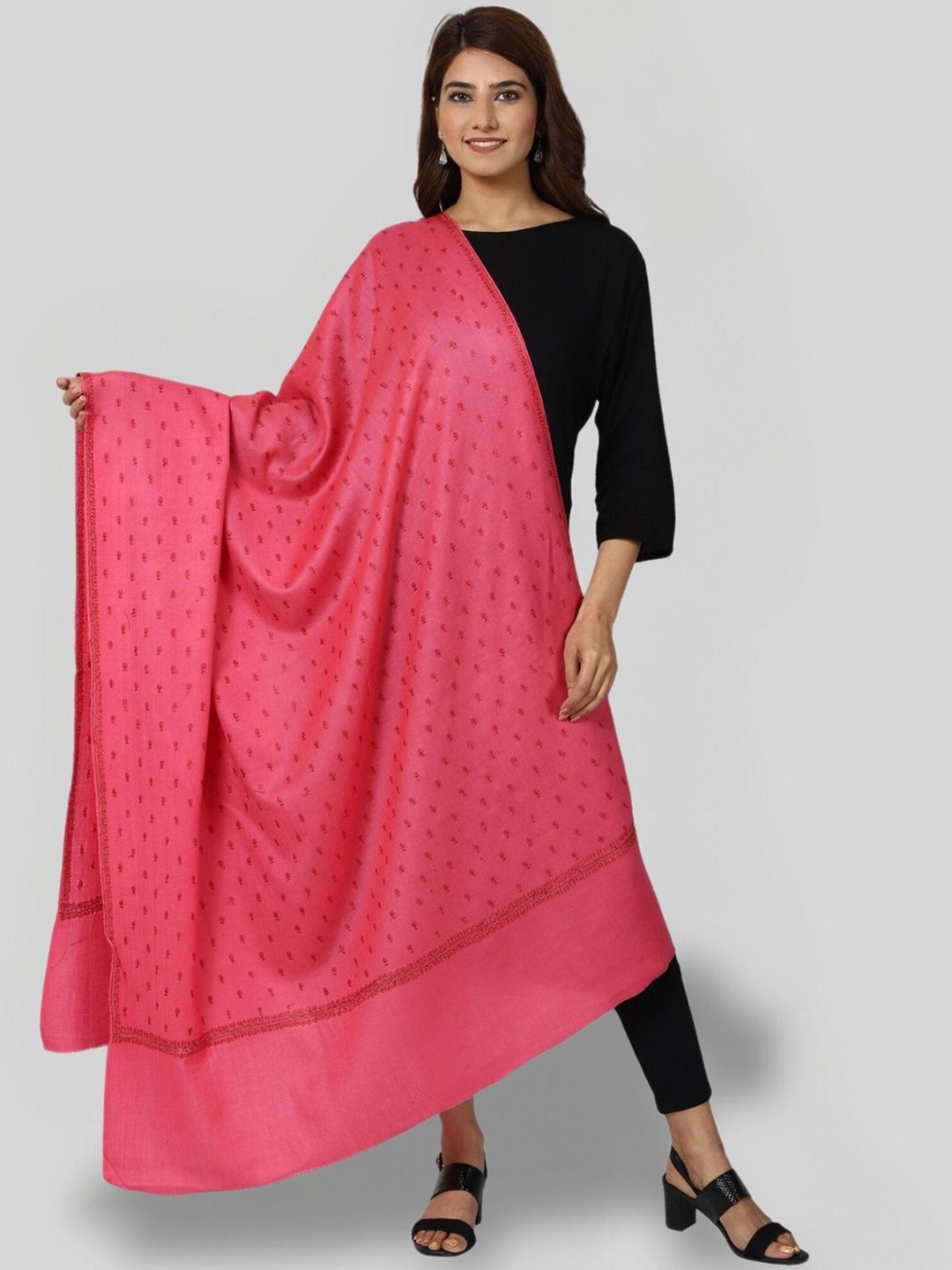 

SWI Stylish Floral Embroidered Pure Woollen Shawl, Pink