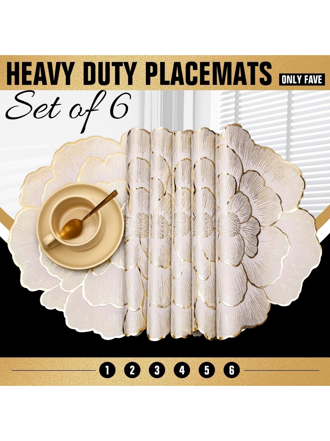

LooMantha Gold Toned 6 Pieces Floral Textured Table Placemats