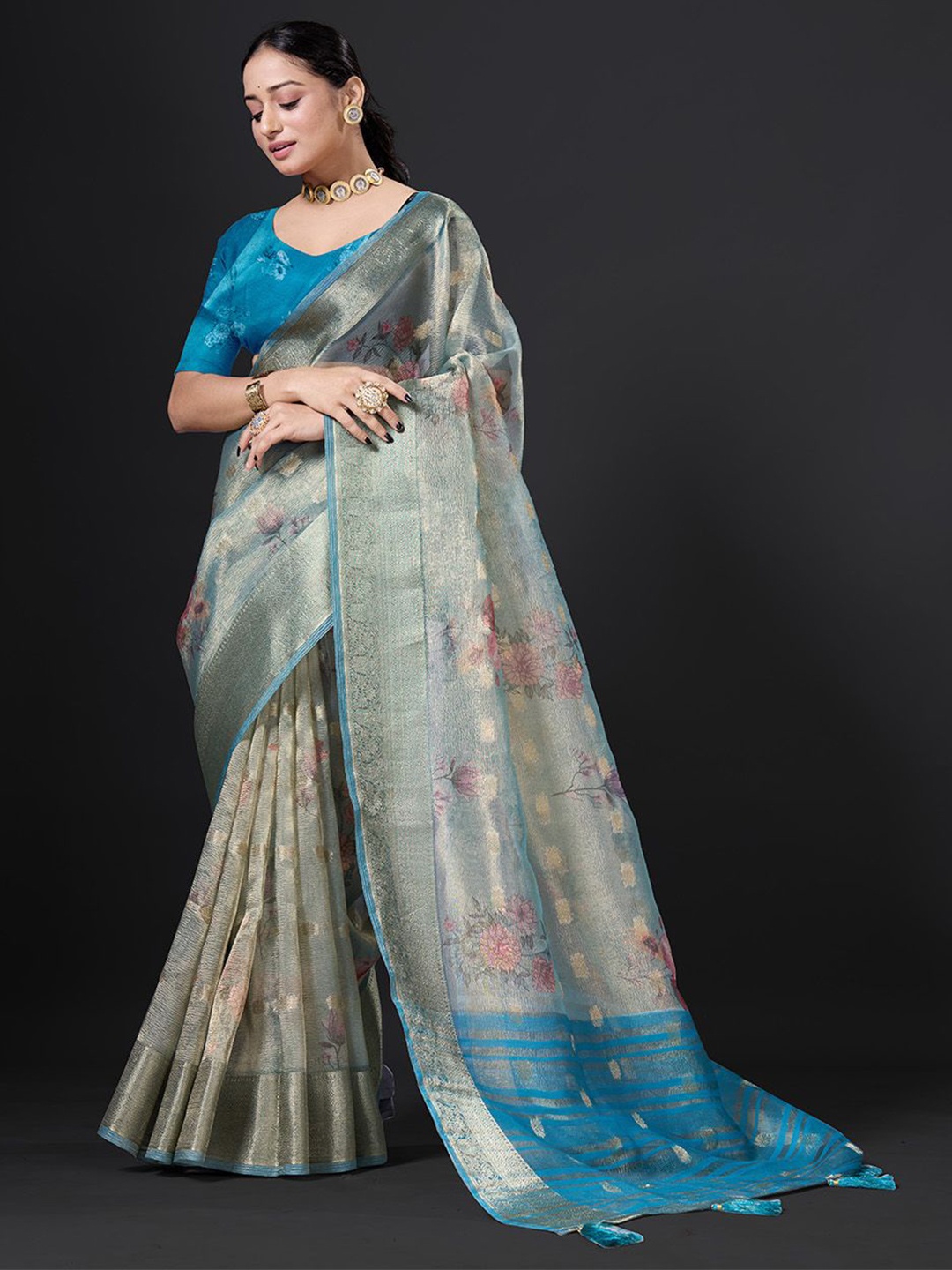 

HEER FASHION Floral Zari Tissue Saree With Blouse Piece, Teal
