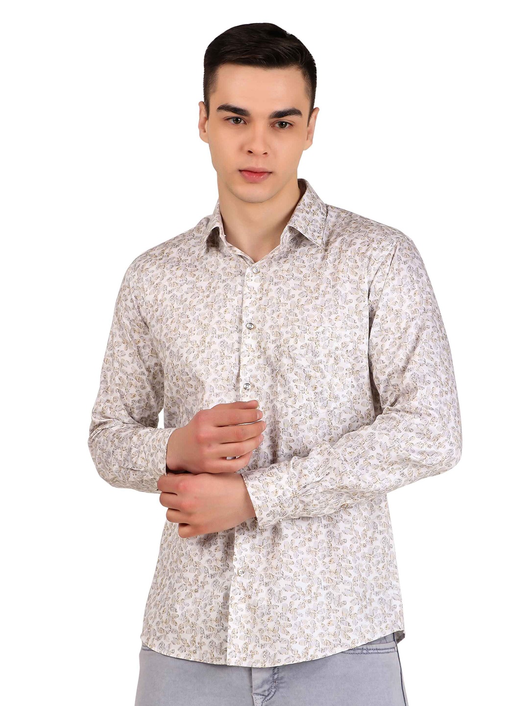 

DESIGN UP Men Classic Slim Fit Floral Opaque Printed Formal Shirt, Beige