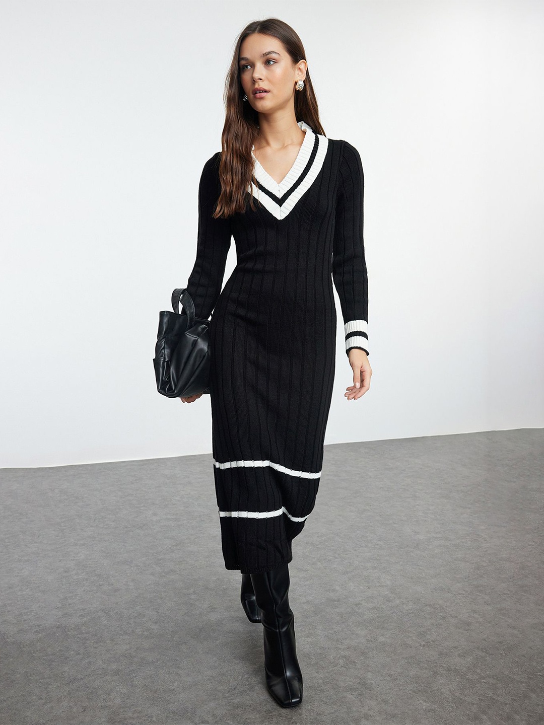 

Trendyol Striped Sheath Midi Dress, Black