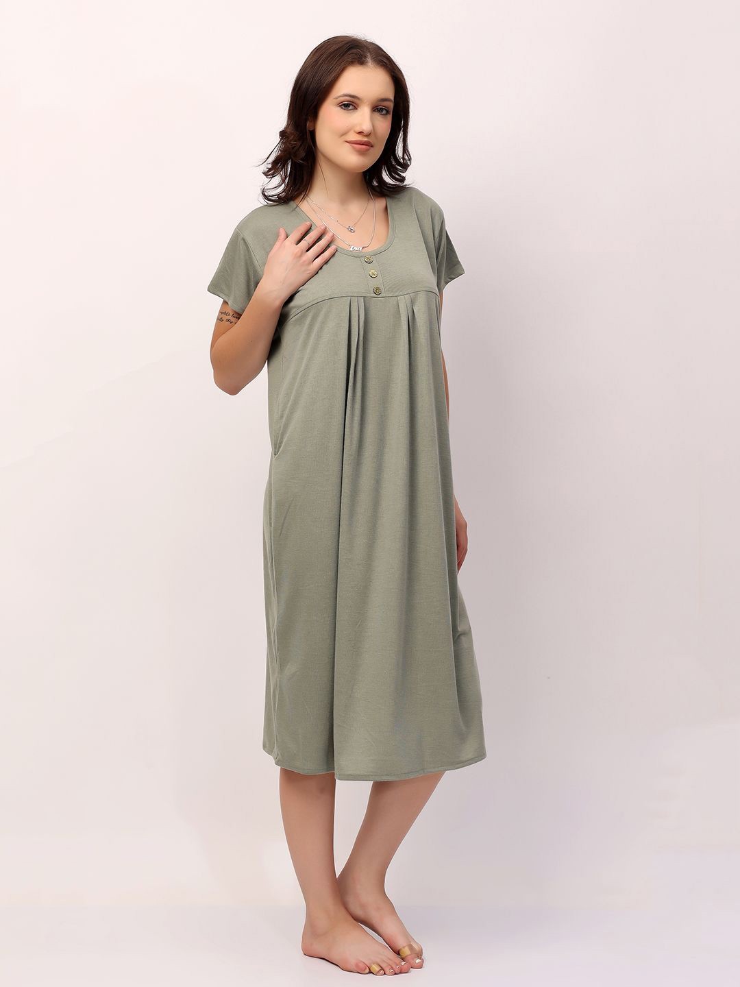 

NIGHT KEYS Women Striped Midi Nightdress Hosiery-Short-Pista Green-M