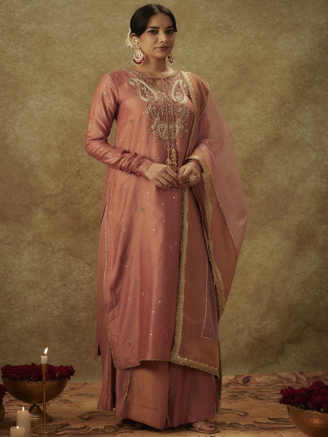 

The Aarya Paisley Embroidered Beads and Stones Chanderi Silk Kurta With Palazzos & Dupatta, Pink