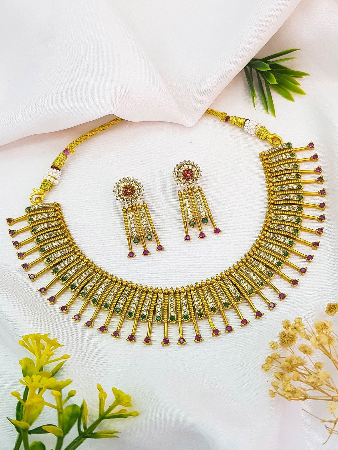 

GRIIHAM Gold-Plated CZ Studded Brass Necklace and Earrings