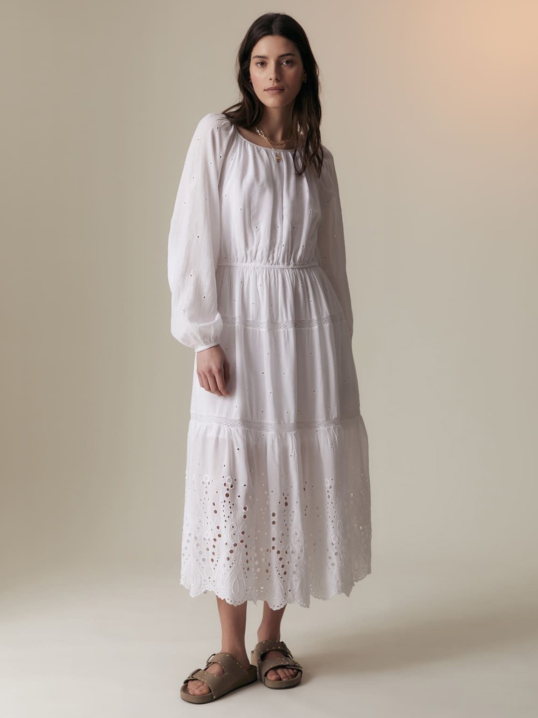 

Marks & Spencer Puff Sleeve Self Design A-Line Midi Dress, White