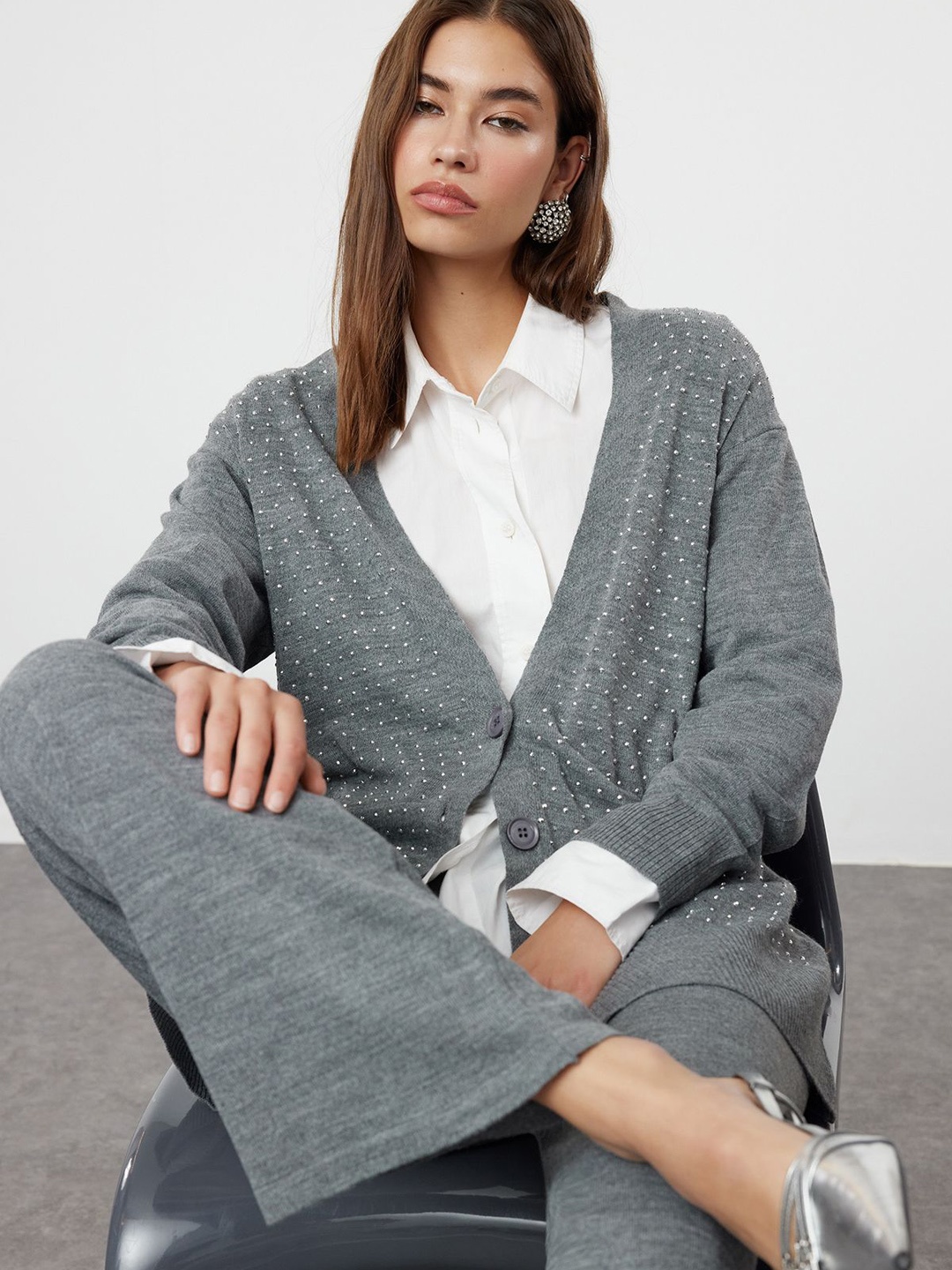 

Trendyol Acrylic Embellished Top With Trousers, Grey