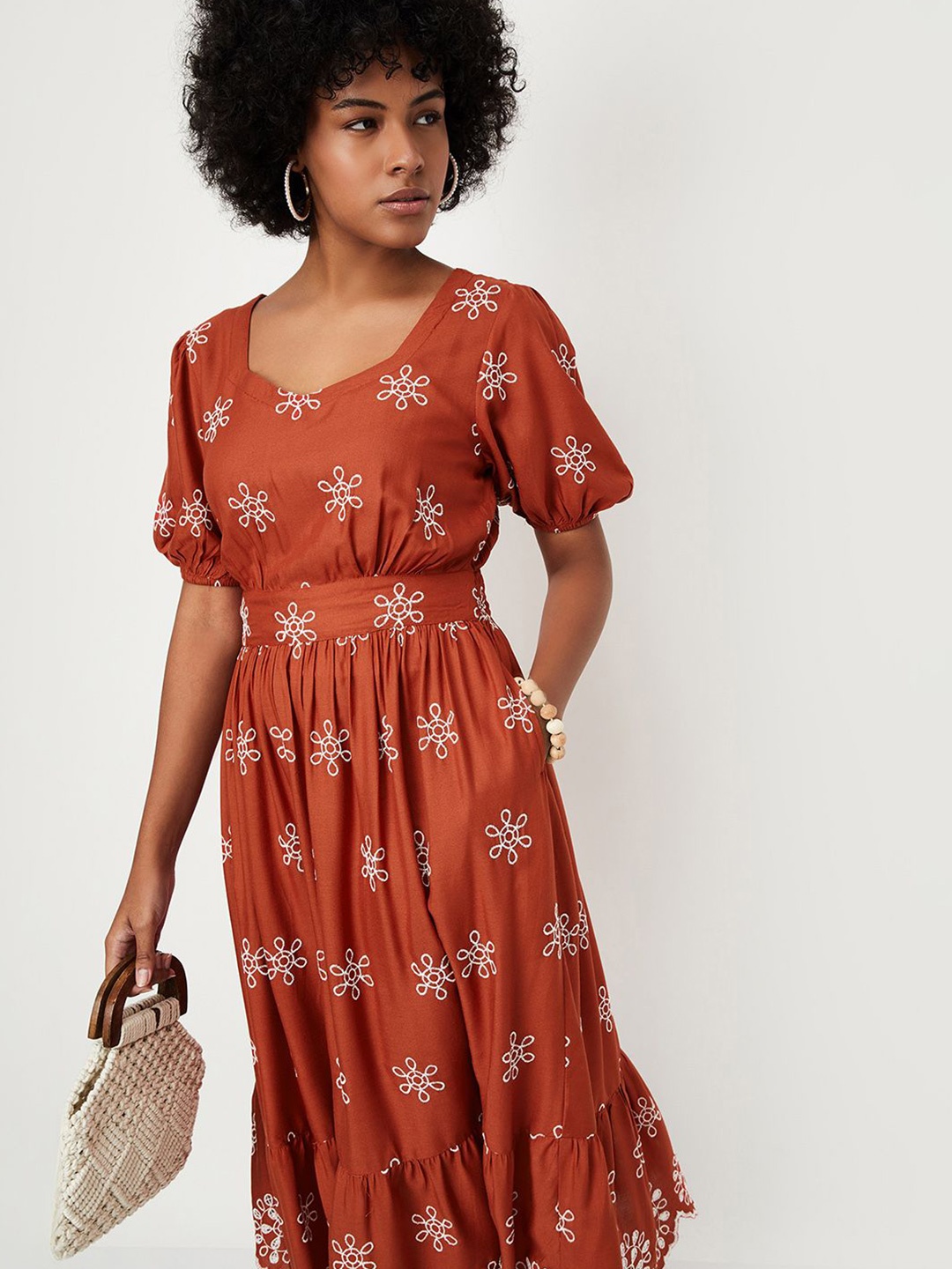 

max Women Floral Print Puff Sleeve Midi Dress, Rust