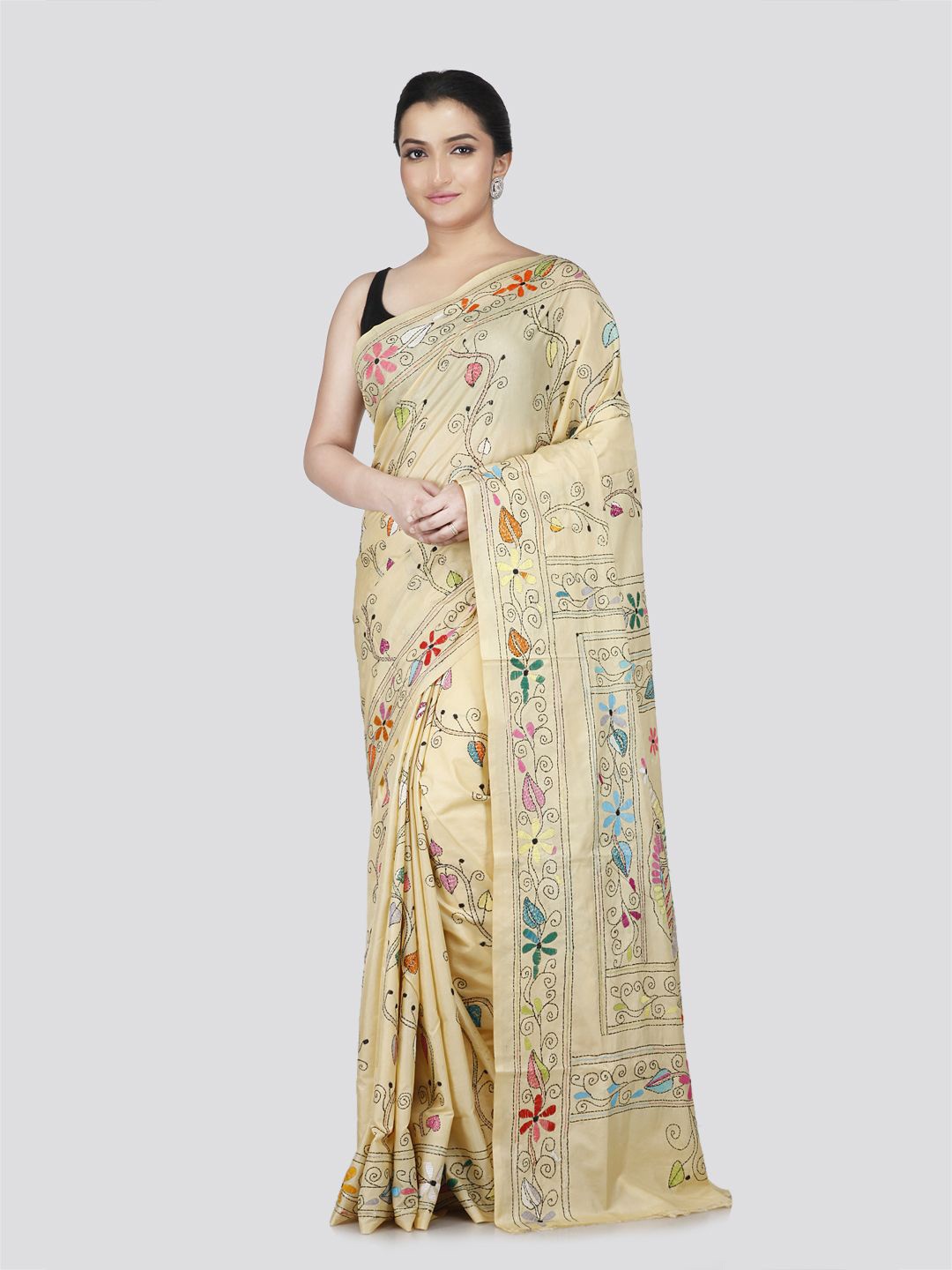 

PinkLoom Floral Kantha Work Pure Silk Heavy Work Saree, Beige
