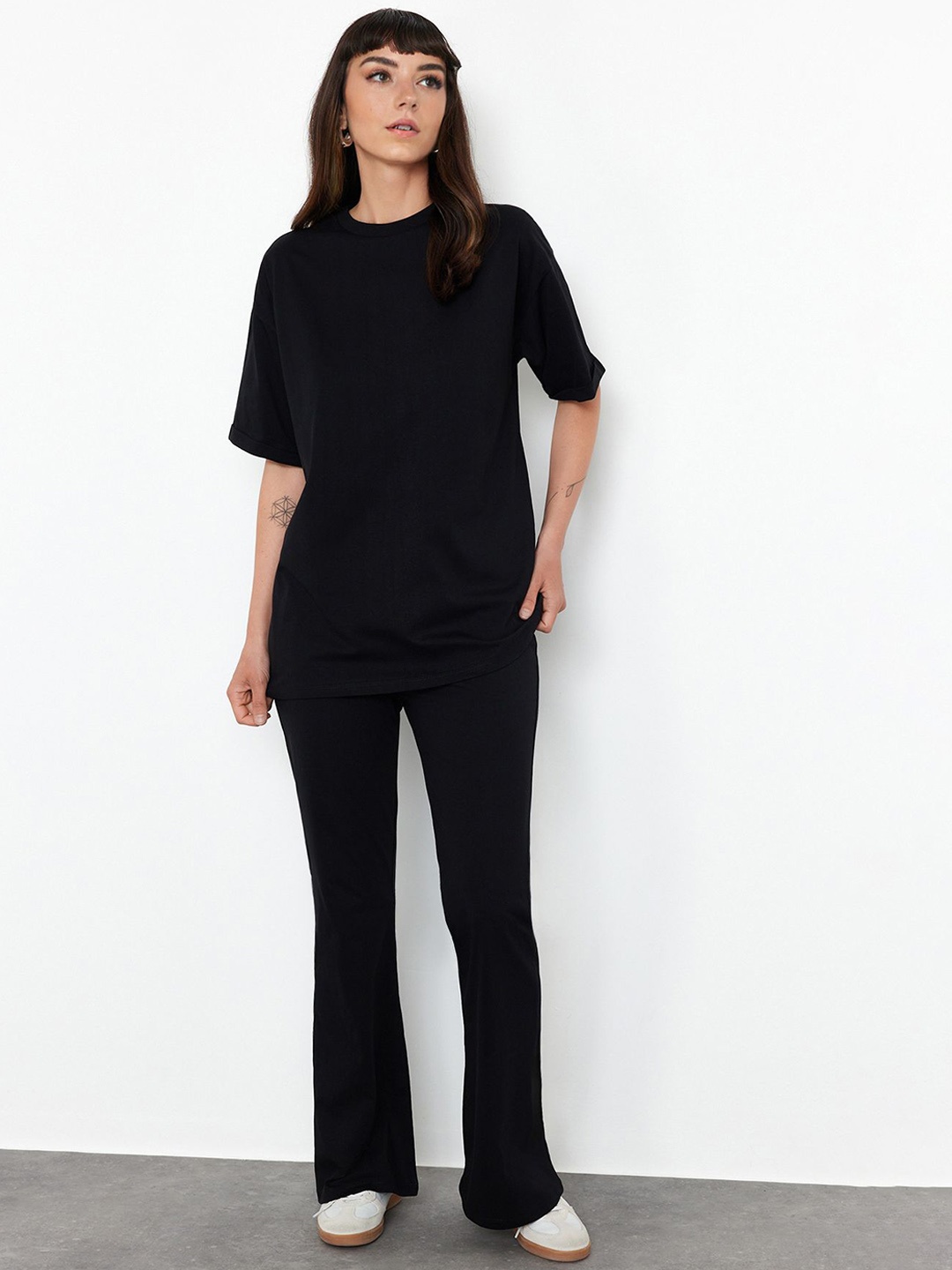 

Trendyol Pure Cotton Round Neck Top With Trouser, Black