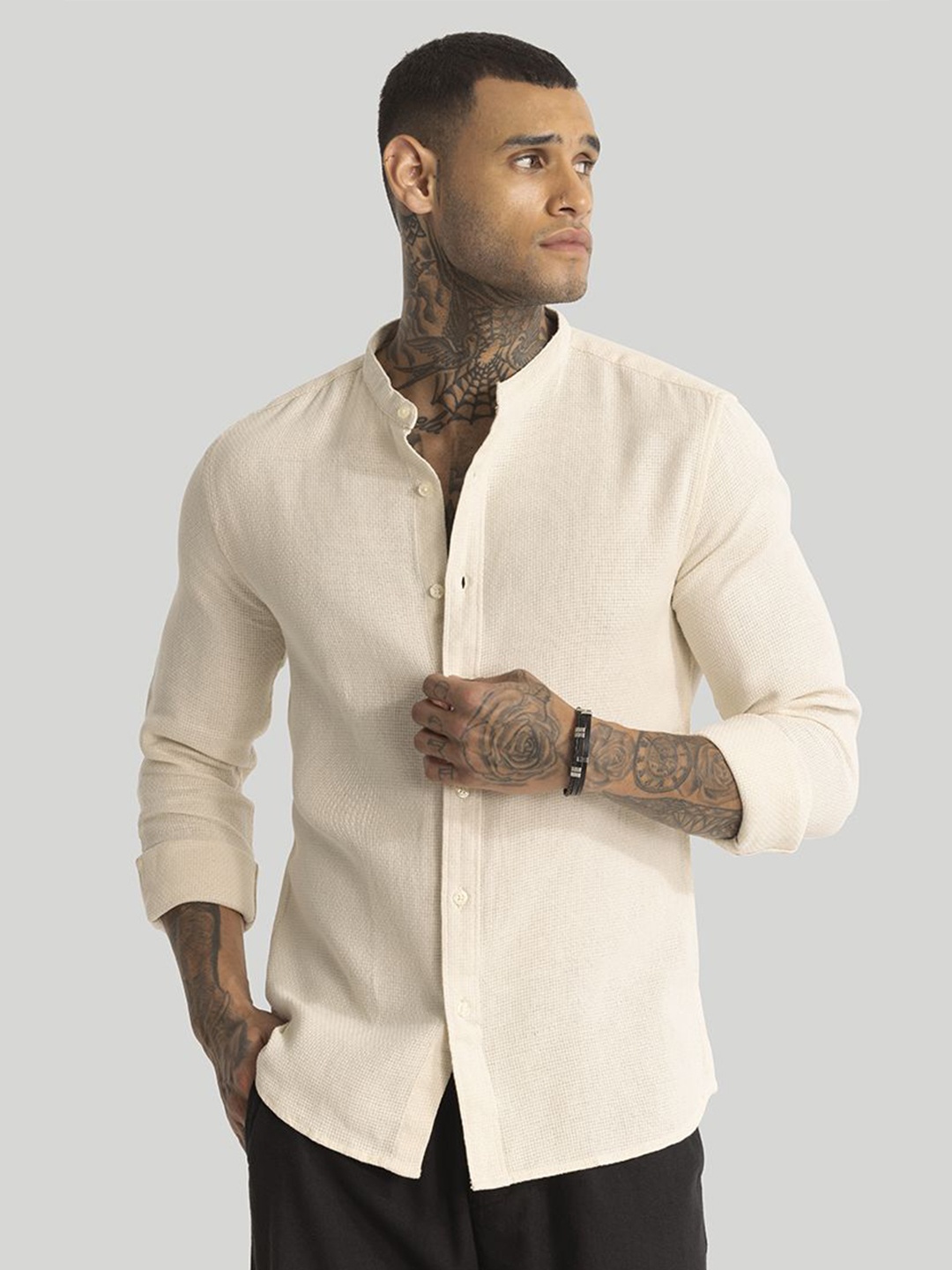 

Snitch Men Smart Slim Fit Opaque Casual Shirt, Cream