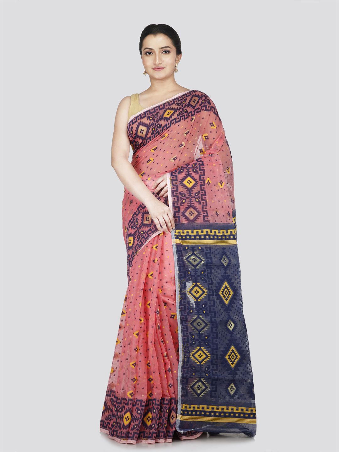 

PinkLoom Floral Pure Cotton woven design Jamdani Saree, Peach