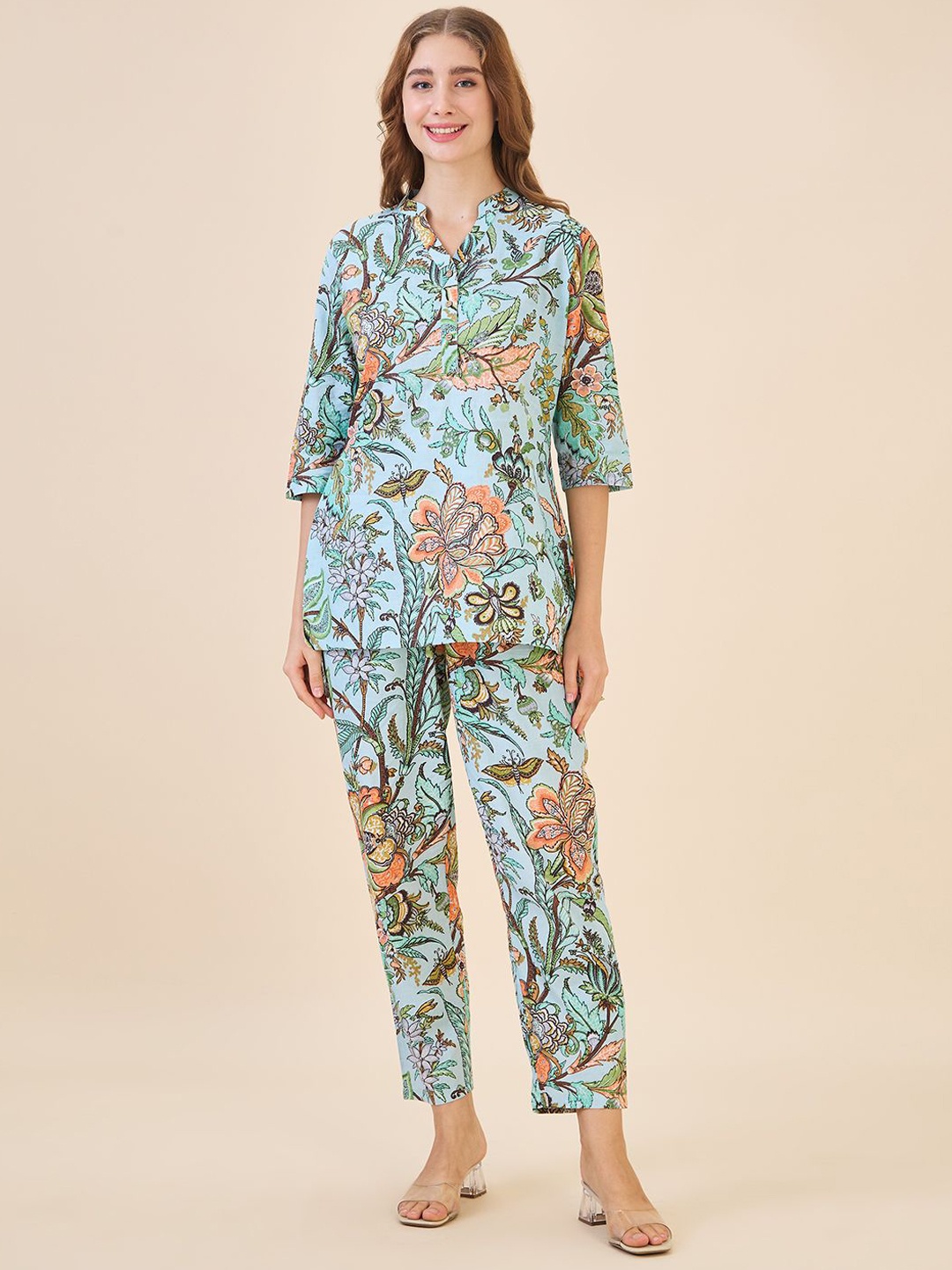 

AV2 Printed Mandarin Collar Pure Cotton Tunic With Trouser, Blue