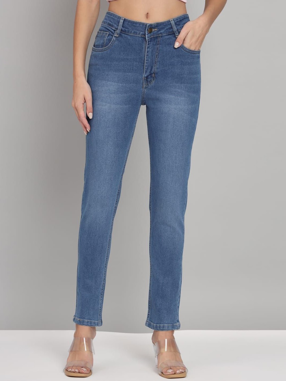 

FASHIONFIBRE Women Skinny Fit High-Rise Mildly Distressed Light Fade Stretchable Jeans, Blue