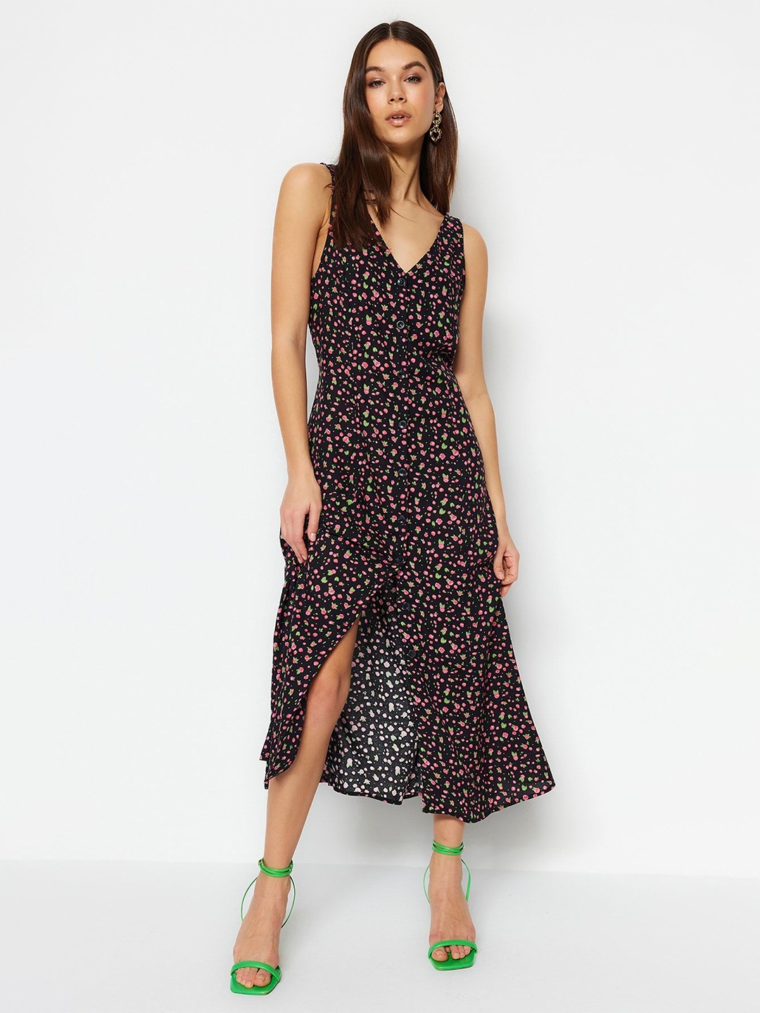 

Trendyol Floral Print Fit & Flare Midi Dress, Black