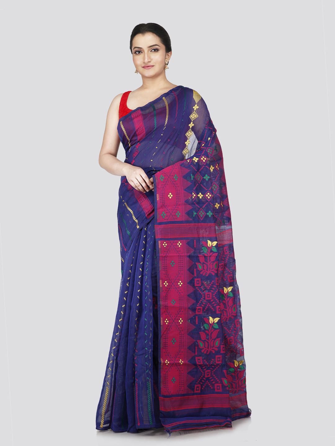 

PinkLoom Woven Design Pure Cotton Jamdani Saree, Blue