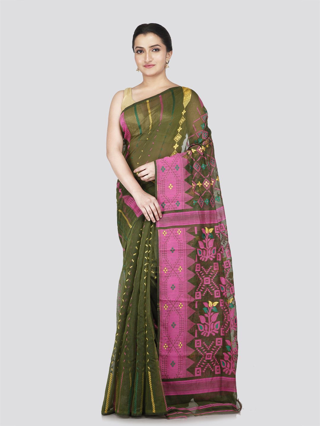 

PinkLoom Floral Zari Pure Cotton Jamdani Saree, Green