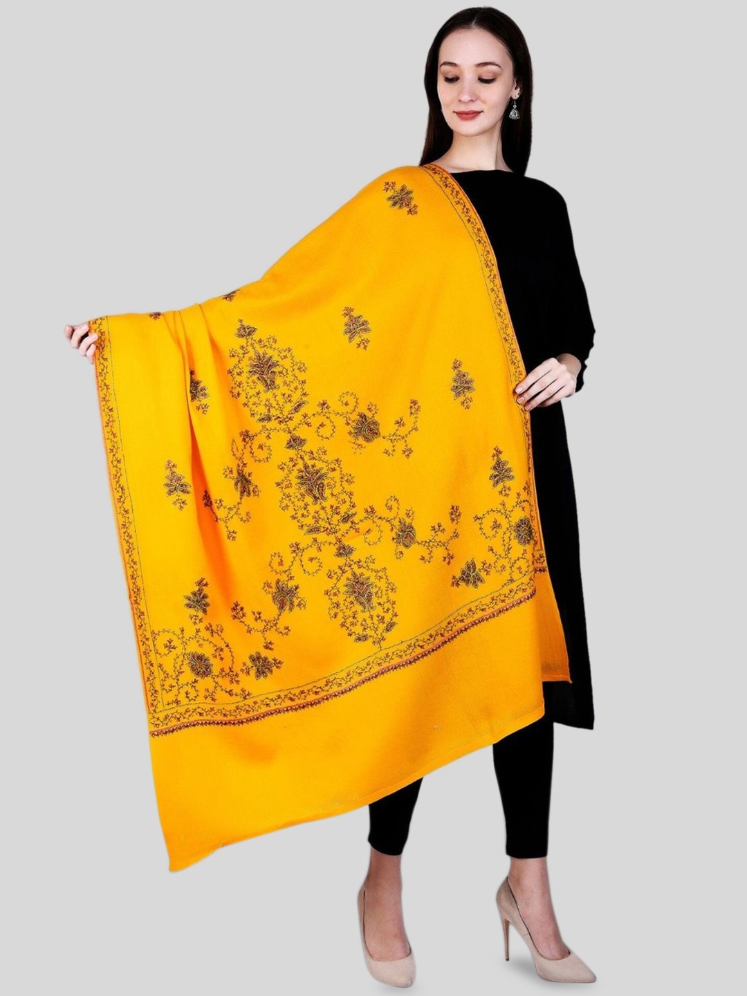

SWI Stylish Floral Embroidered Woollen Shawl, Yellow